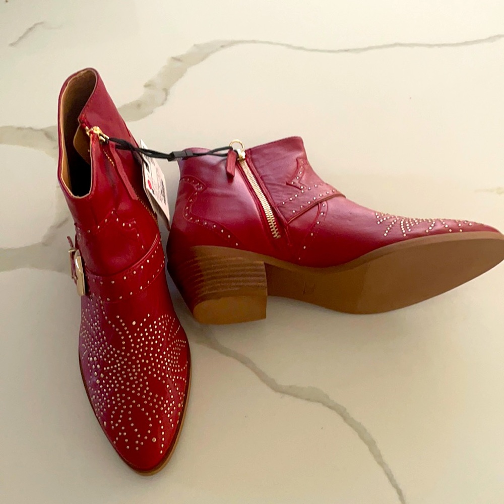 Red ankle boots with studs